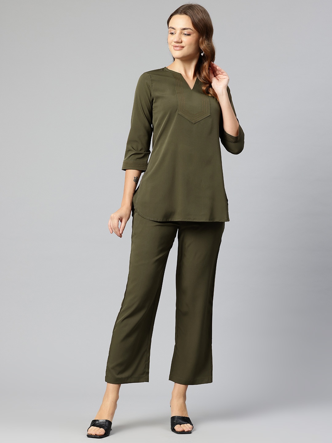 

Cottinfab Women V-Neck Tunic and Trouser Co-Ords, Olive