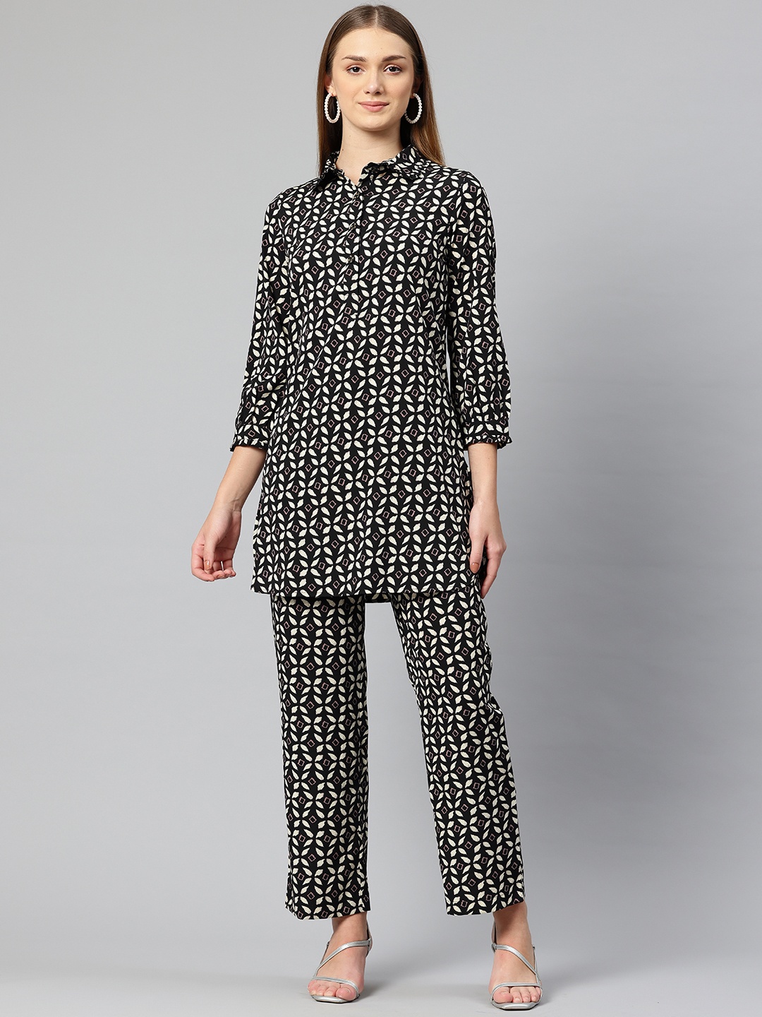 

Cottinfab Printed Tunic With Trousers, Black