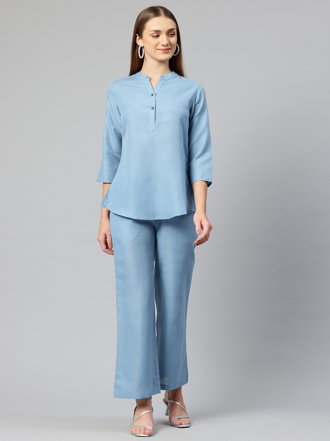 

Cottinfab Mandarin Neck Top with Trouser, Blue