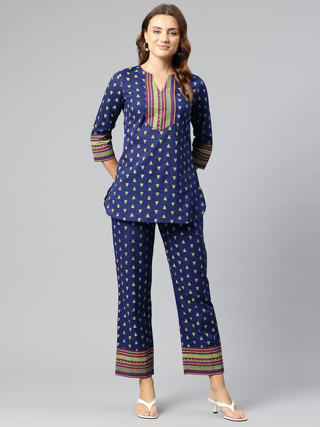 

Cottinfab Women Pure Cotton Ethnic Motifs Printed Tunic With Trouser Co-Ords, Blue