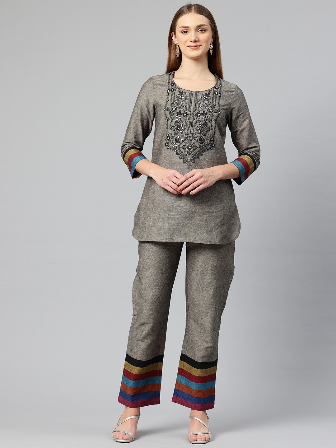 

Cottinfab Embroidered Pure Cotton Ethnic Co-Ords, Grey