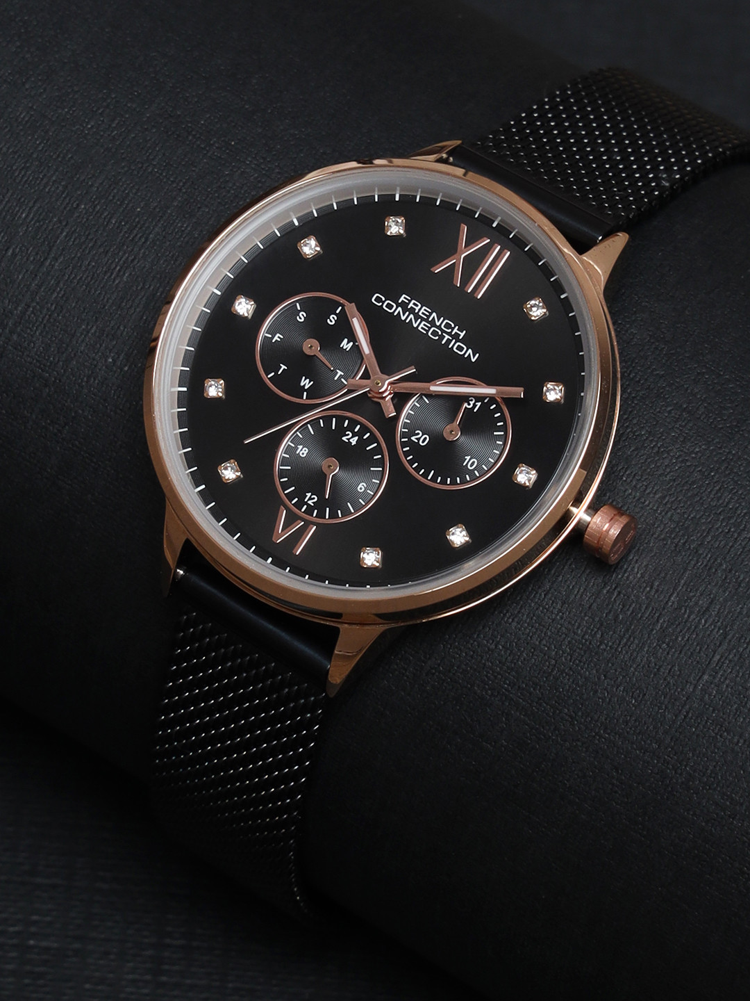 

French Connection Women Embellished Dial & Stainless Steel Bracelet Style Straps Analogue Multi Function Watch, Black
