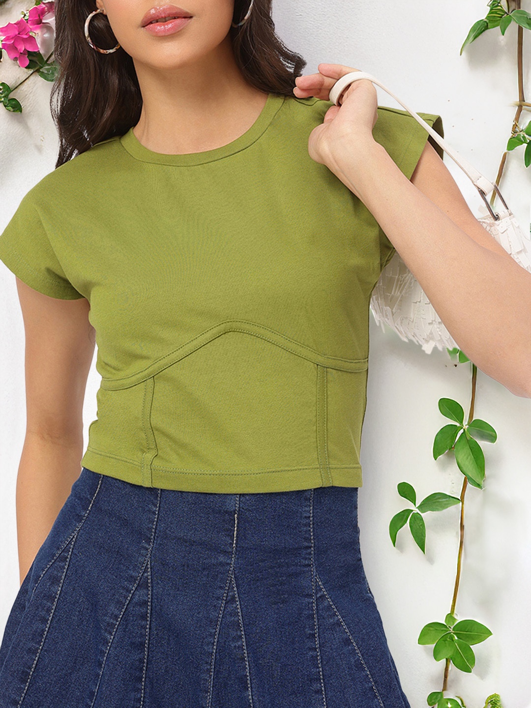 

DressBerry Bubbly Basics Extended Sleeves Panelled Crop T-shirt, Green