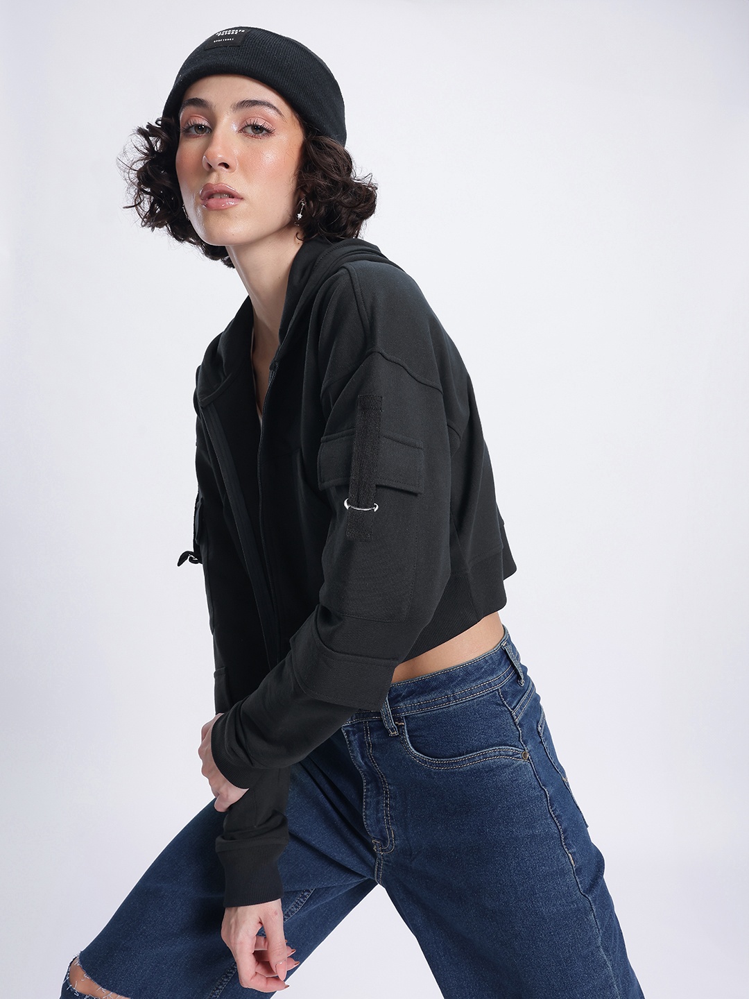 

DressBerry Street Style Utility Hooded Crop Sweatshirt, Black