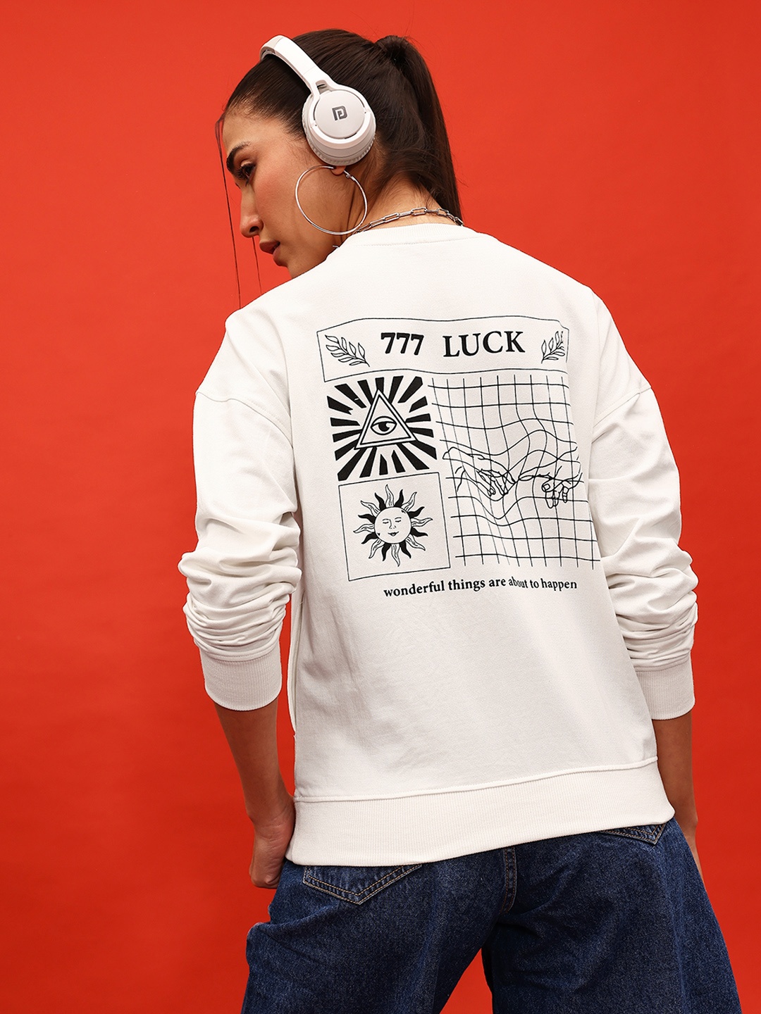 

DressBerry Fantastic Graphics Print Drop-Shoulder Sleeves Sweatshirt, White