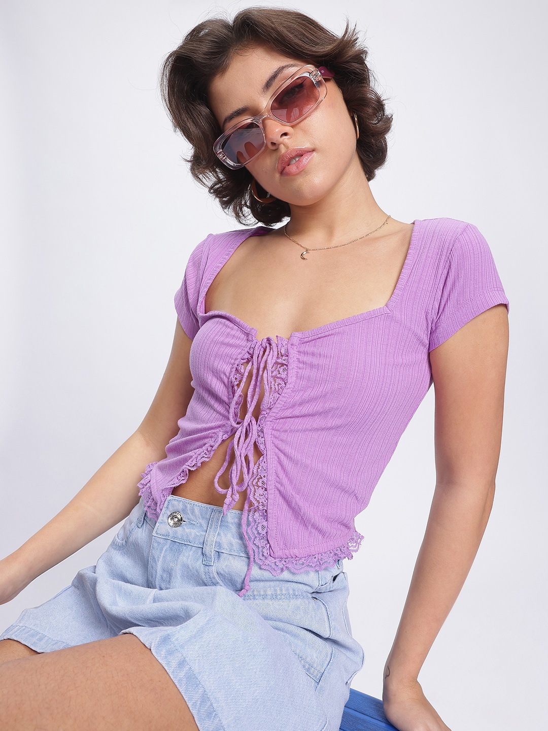 

DressBerry Lavender Love Lace Luxe Ribbed Tie-Up Detail Top