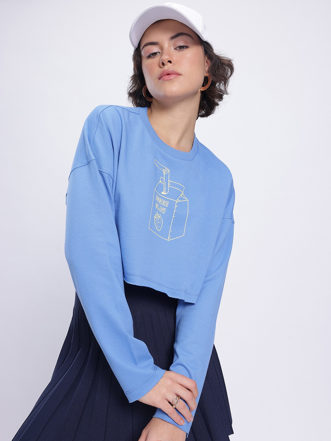 

DressBerry Sleek Streetwear Printed Boxy Crop Sweatshirt, Blue