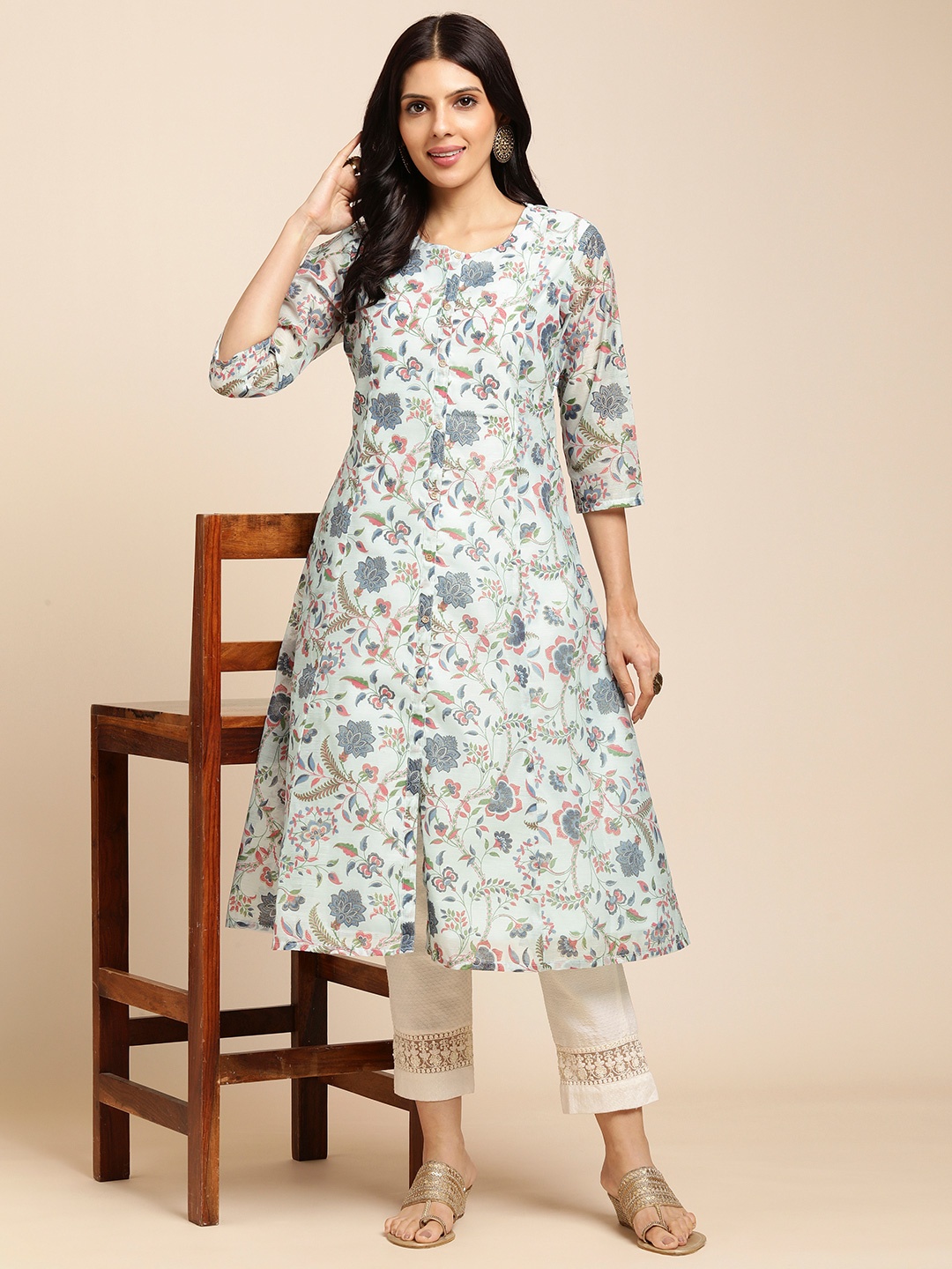 RATAN Floral Printed Chanderi Silk A Line Kurta, Blue
