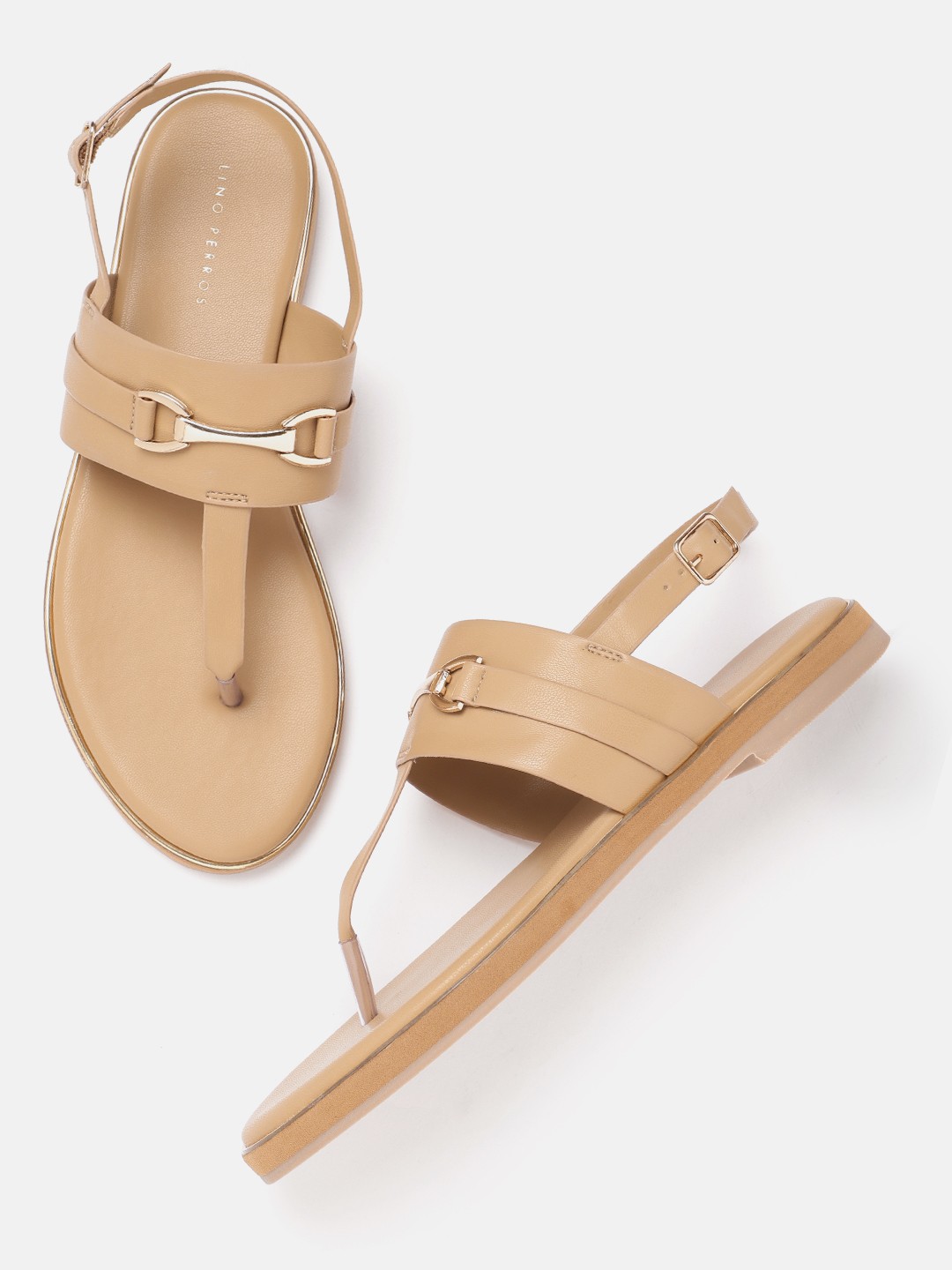

Lino Perros Metallic Detail T-Strap Flats, Camel brown