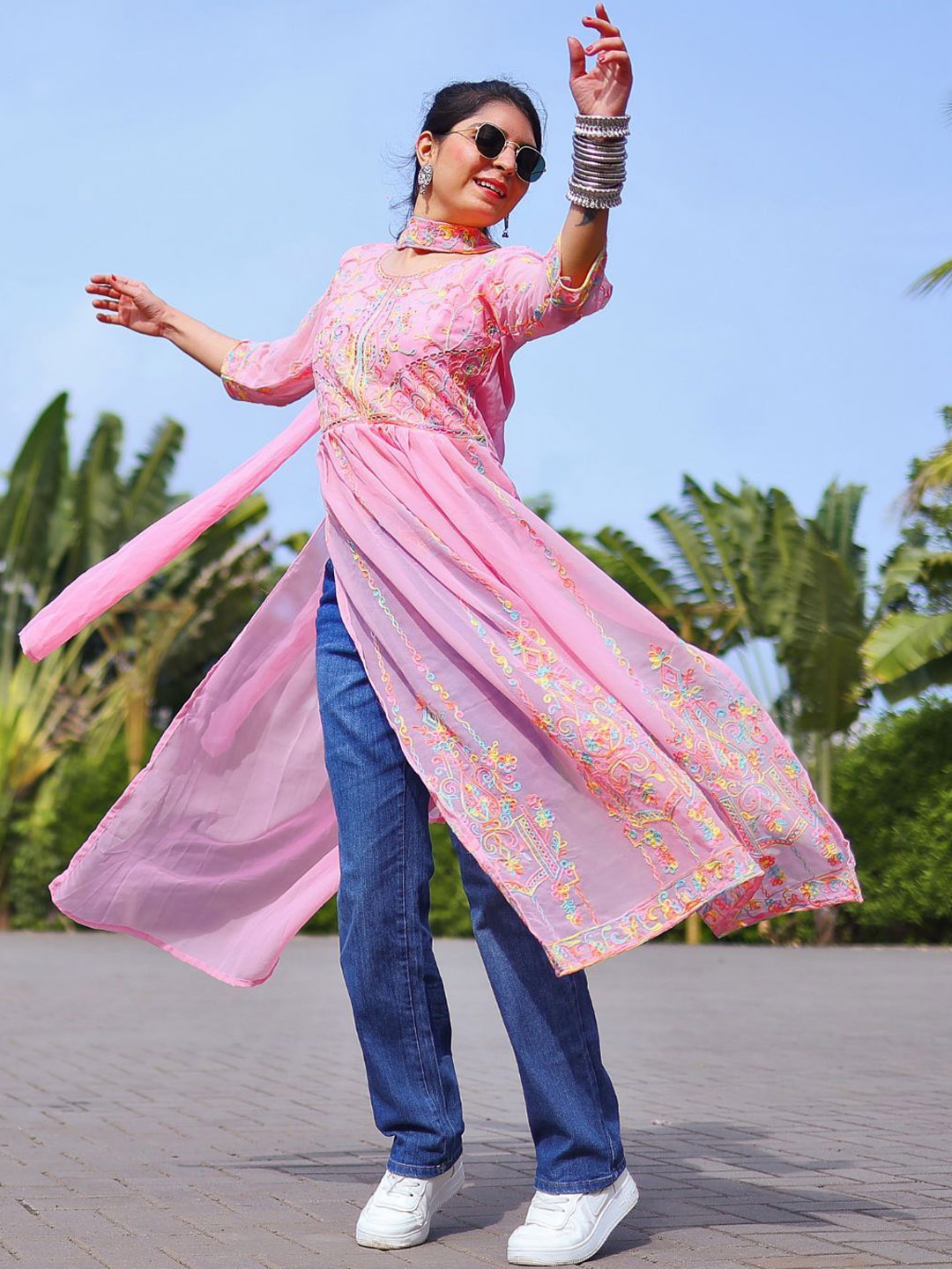 

Sangria Sequenced Embroidered A-Line Kurta with Dupatta, Pink