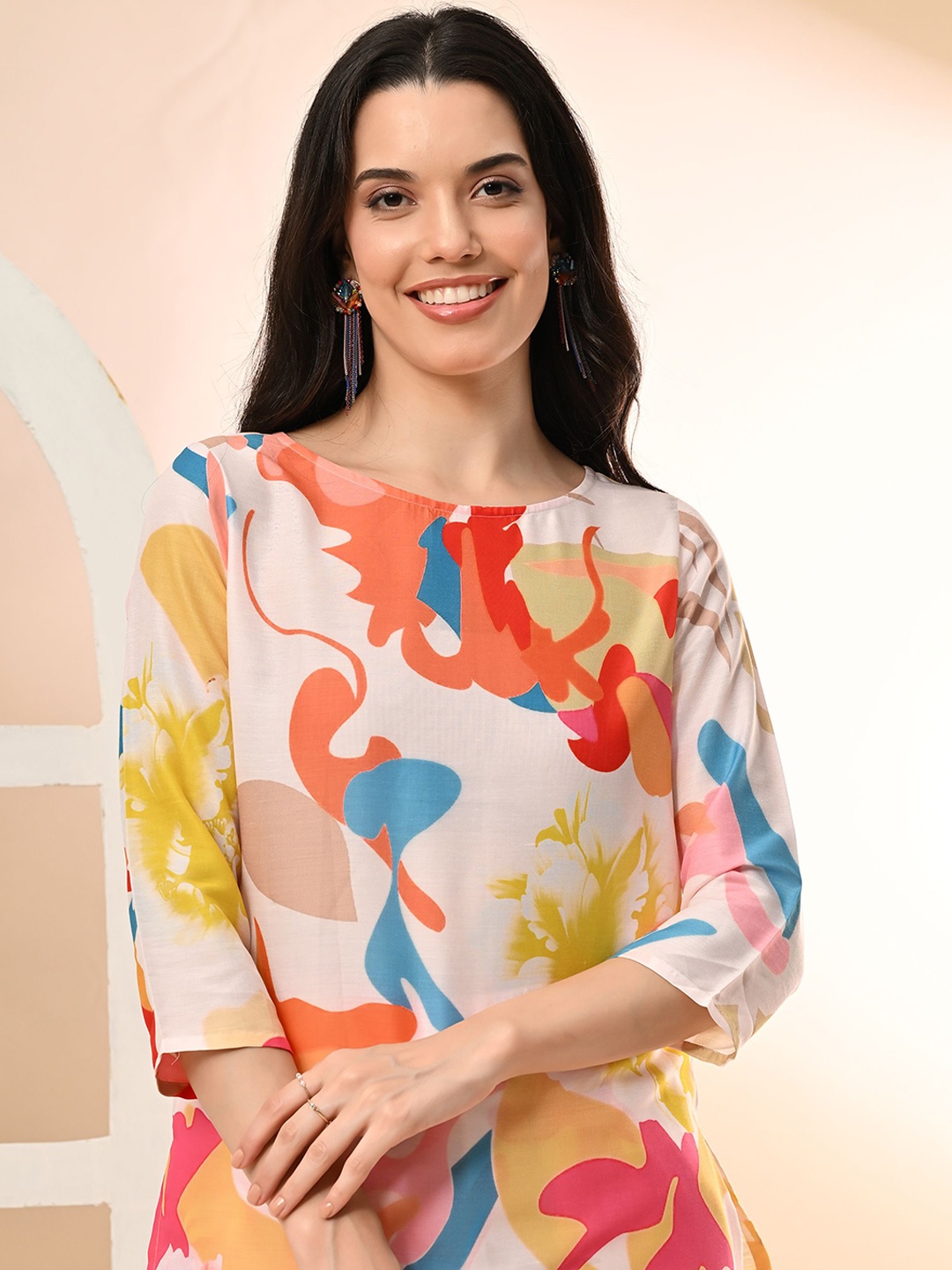 

aaivan Printed Pure Cotton Tunic With Trouser, Off white