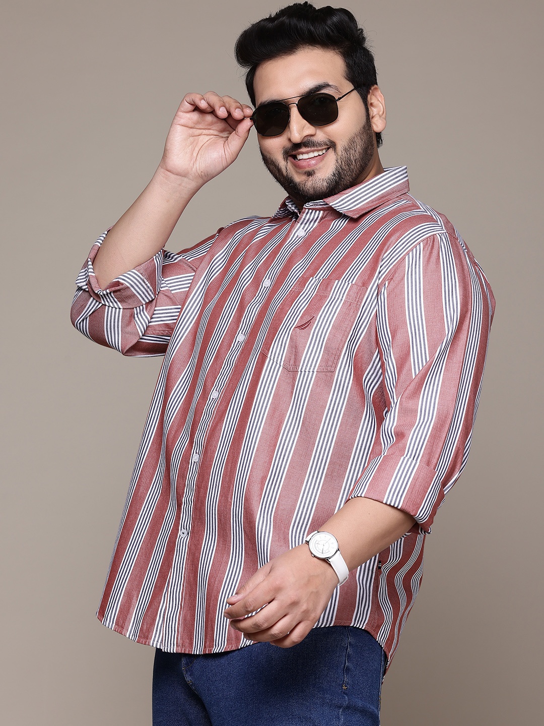 

Nautica Men Plus Size Slim Fit Striped Casual Shirt, Red