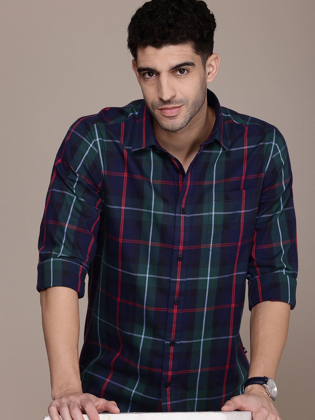 

Nautica Men Smart Tartan Checks Checked Casual Shirt, Green