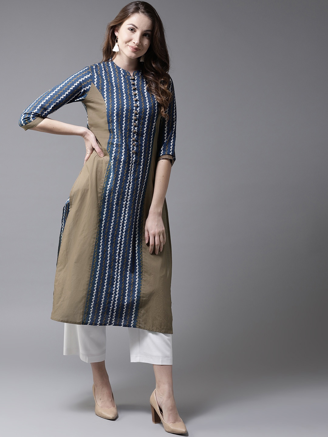 

HERE&NOW Women Teal Blue & Olive Green Printed Straight Kurta