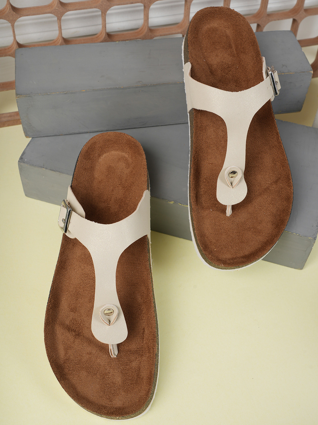 

MOZAFIA Women T-Strap Flats, Cream