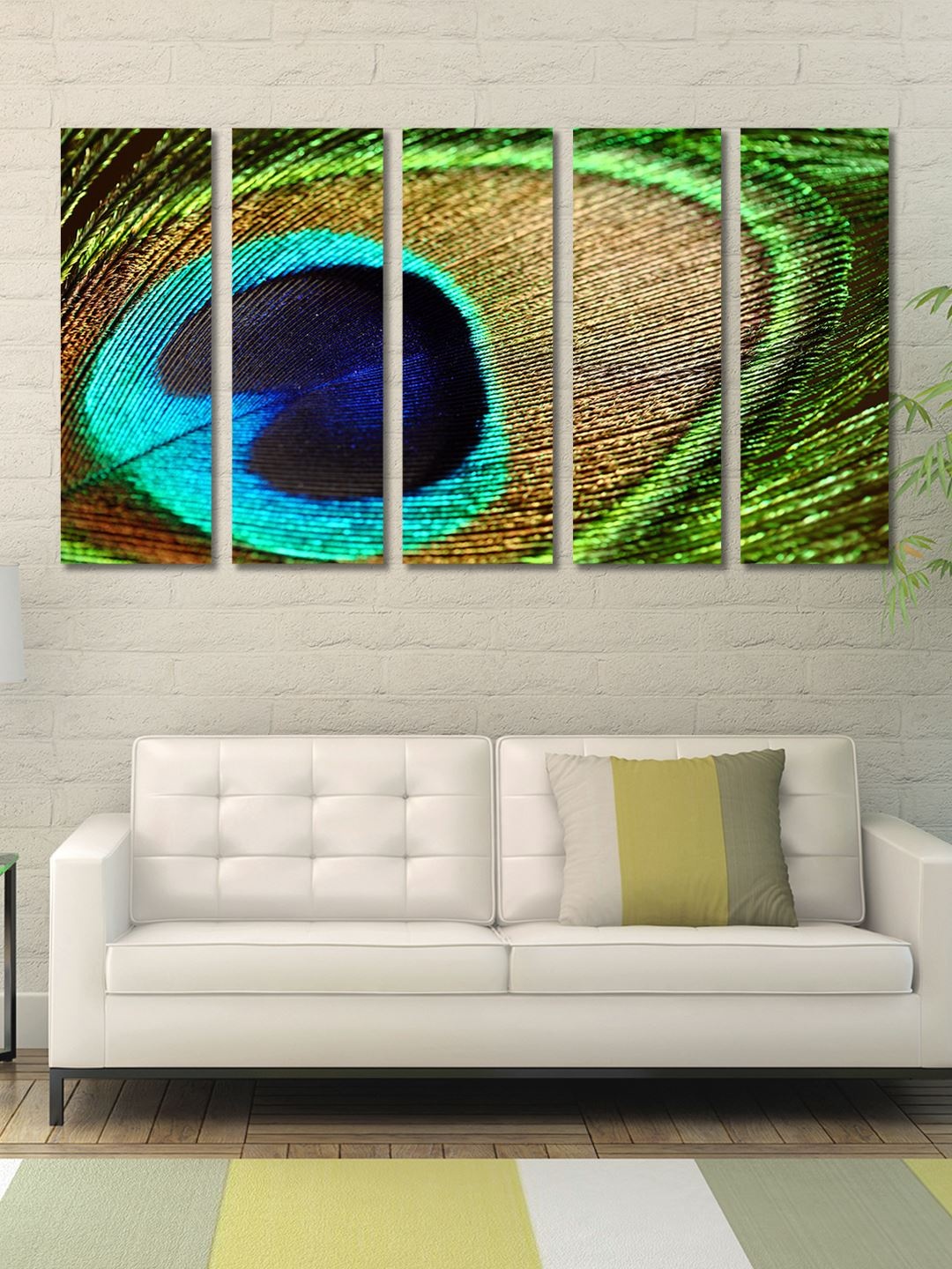 

999Store Multicoloured 5 Panel Peacock Feather Wall Art, Multi