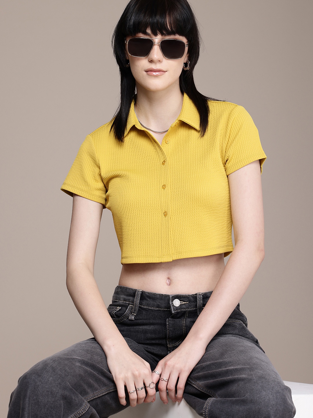 

Roadster Shirt Style Crop Top, Mustard