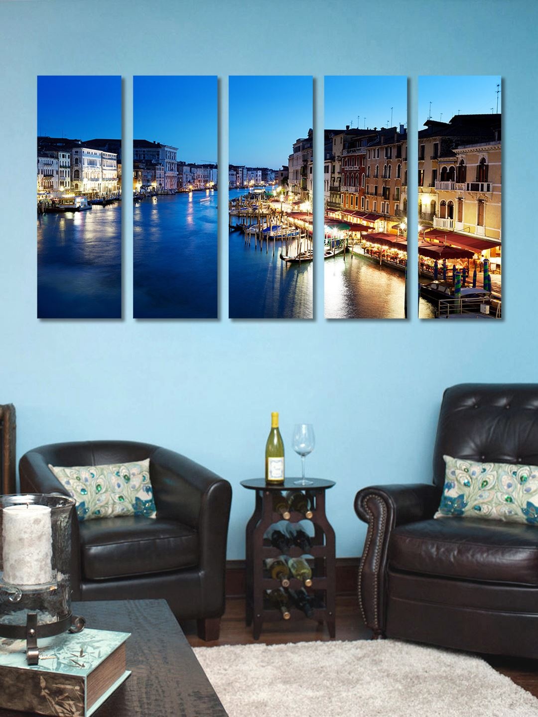 

999Store Multicoloured Set of 5 City River Bridge Wall Art, Multi