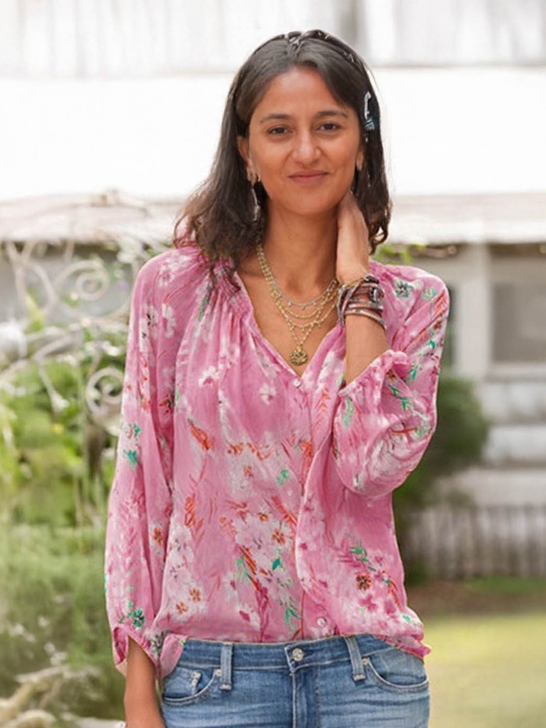 

StyleCast Women Floral Printed Collarless Casual Shirt, Pink