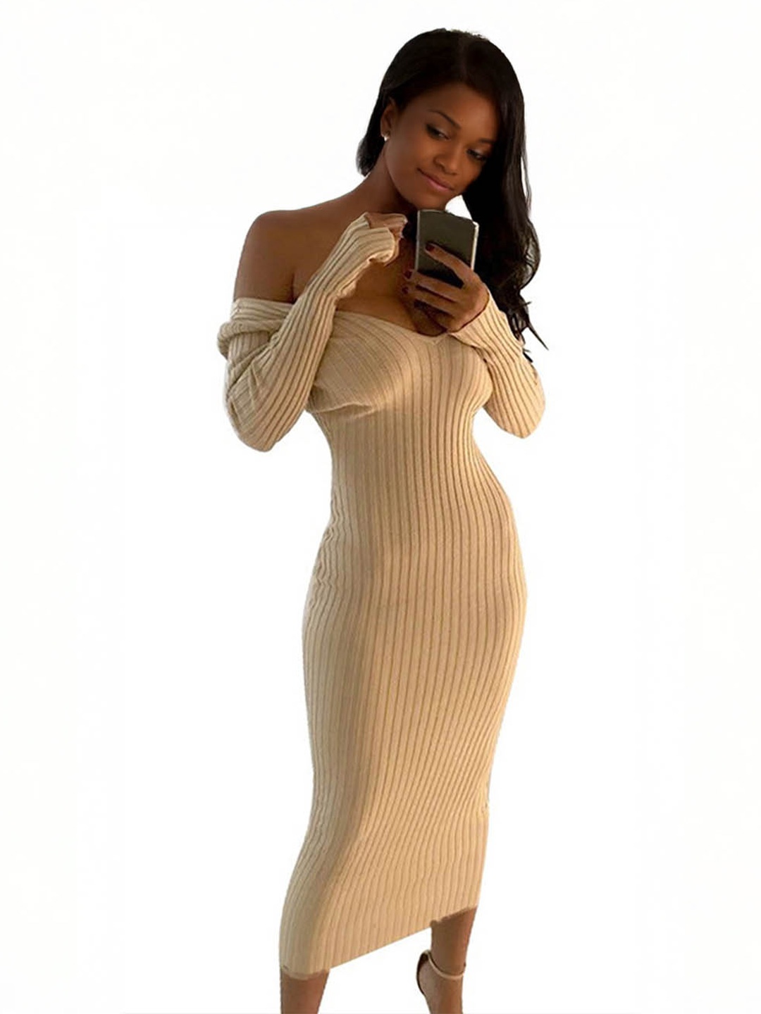 

StyleCast Women Striped Bodycon Midi Dress, Beige