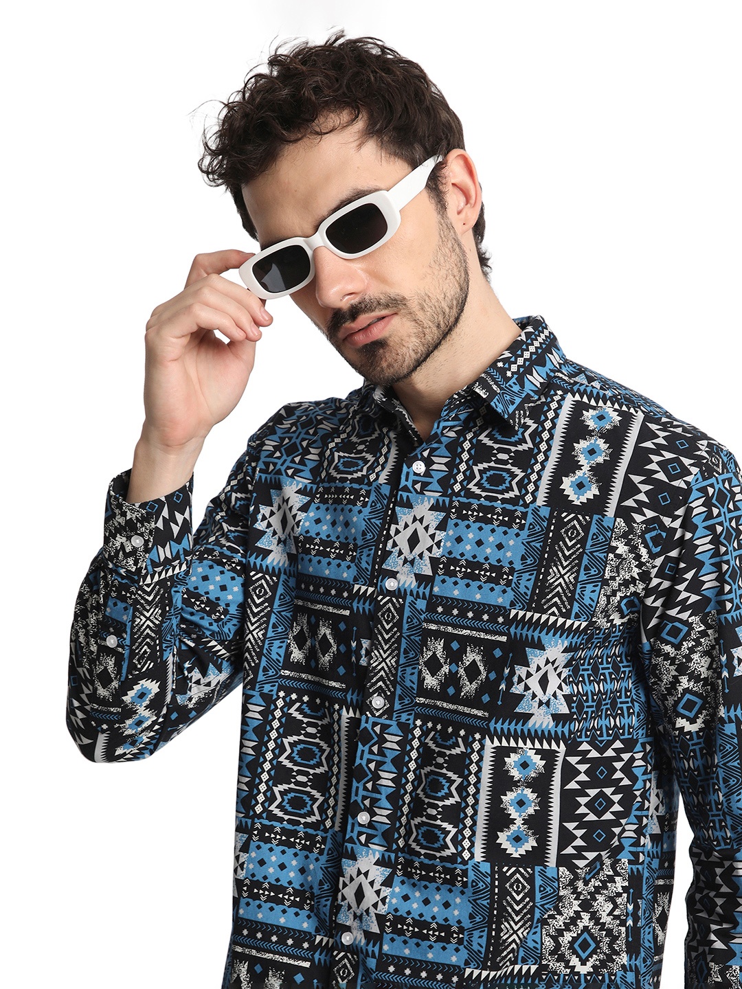 

IVOC Men Classic Spread Collar Graphic Printed Cotton Casual Shirt, Navy blue