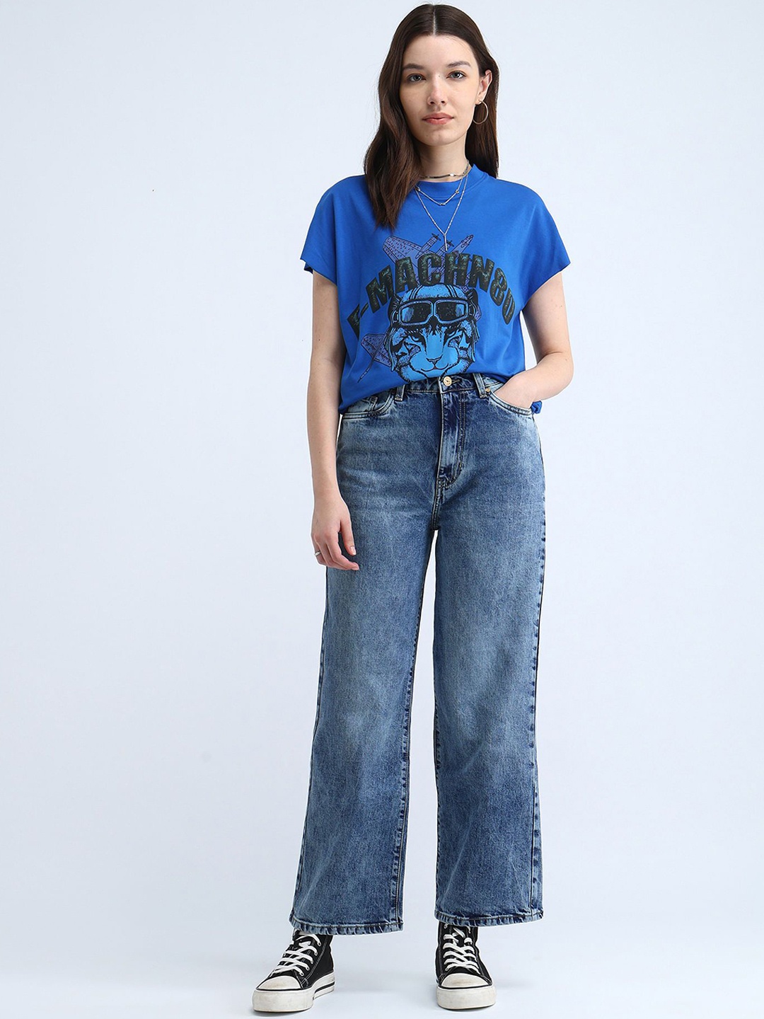 

Flying Machine Women Wide Leg High-Rise Stretchable Jeans, Blue
