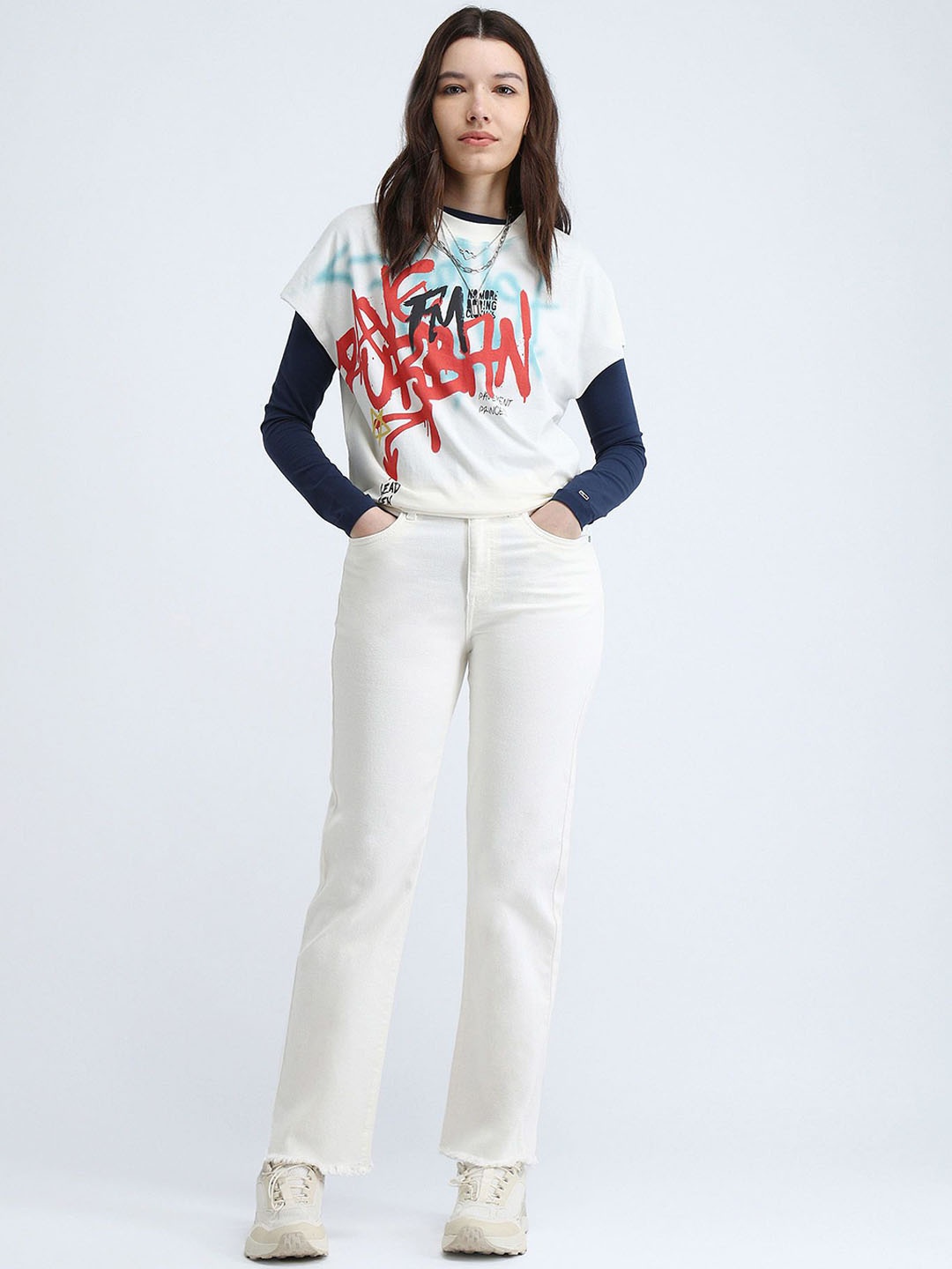 

Flying Machine Women Straight Fit High-Rise Stretchable Jeans, White