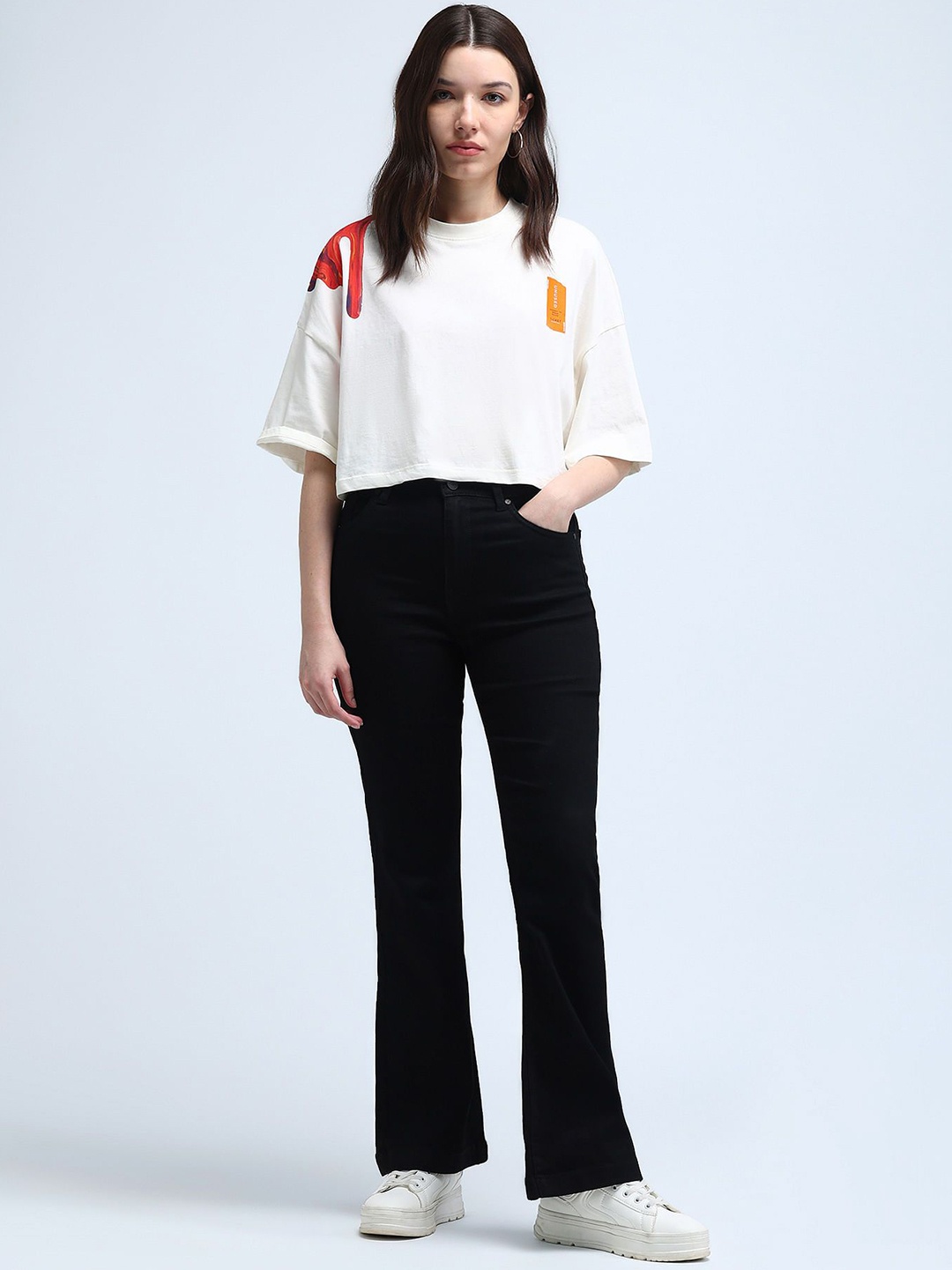 

Flying Machine Women Flared High-Rise Stretchable Jeans, Black