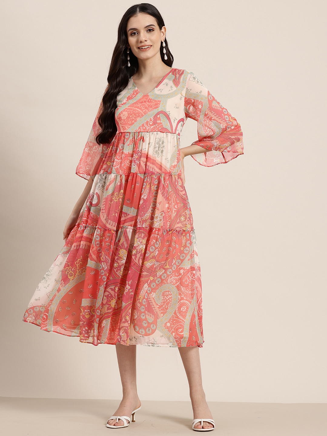 

HERE&NOW Ethnic Motifs Print Flared Sleeves Chiffon Fit & Flare Midi Dress, Multi