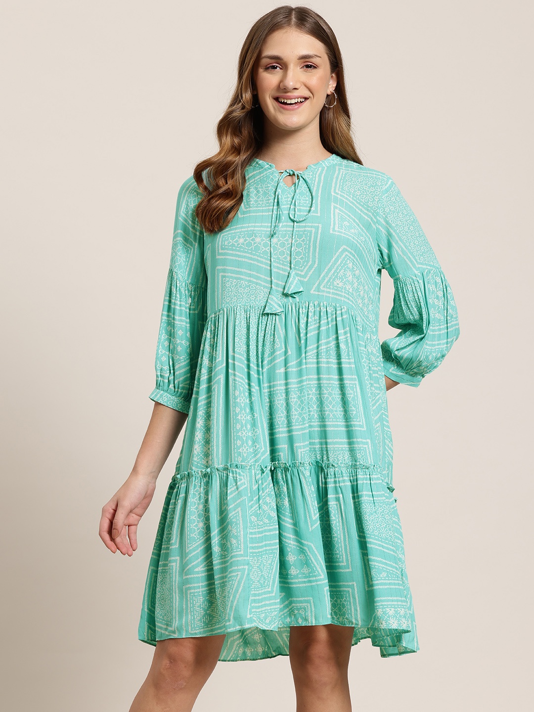 

HERE&NOW Tiered Fit & Flare Ethnic Dress, Sea green