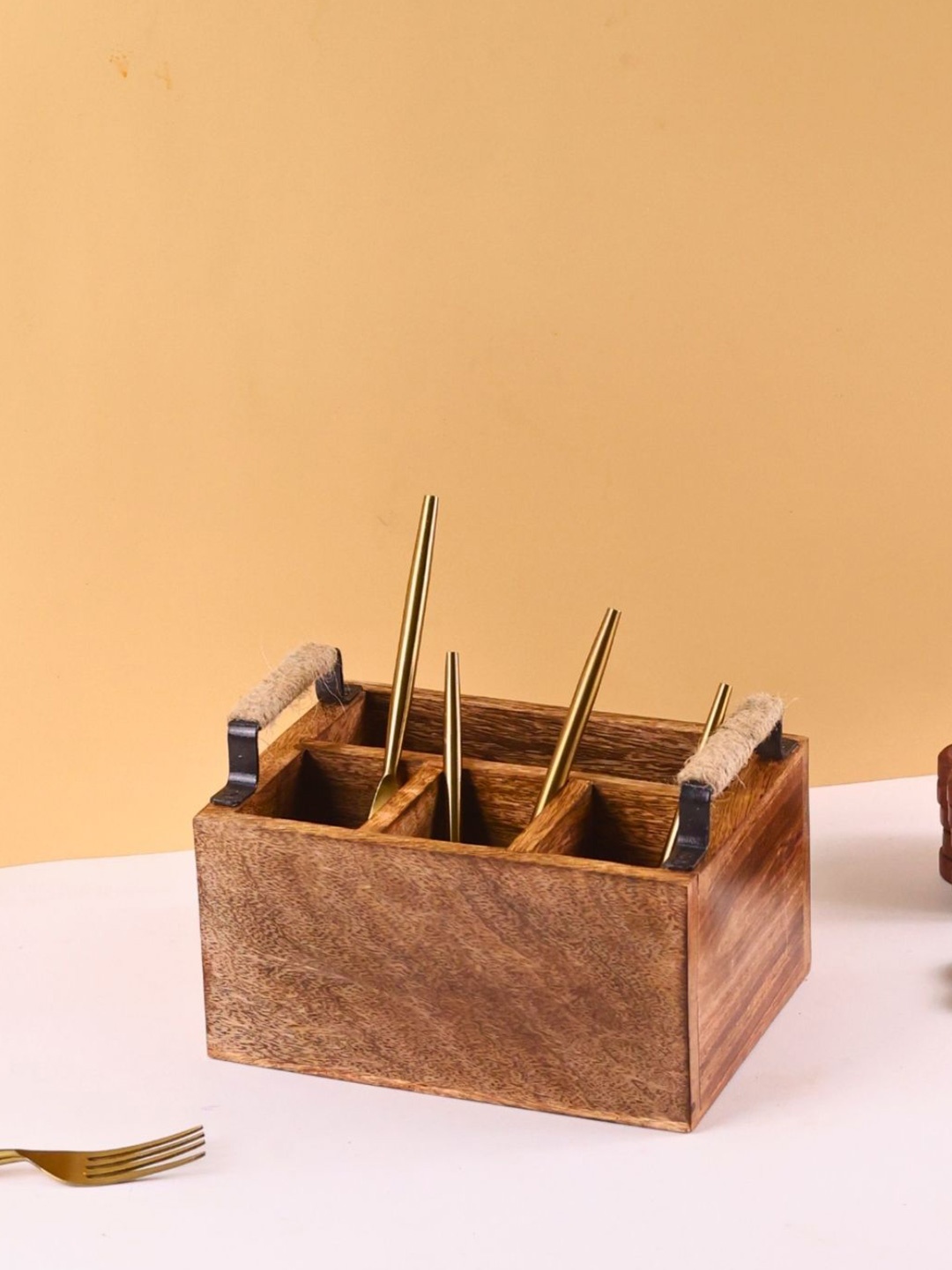 

WEAVING HOMES Brown Wooden Cutlery & Tissue Holder