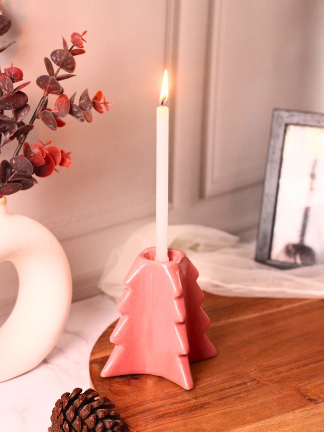 

WEAVING HOMES Pink Ceramic Christmas Tree Candle Stand