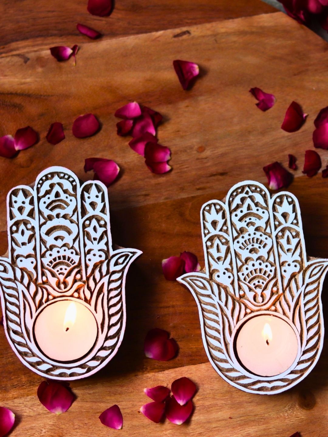 

WEAVING HOMES Brown & White 2 Pieces Wooden Hamsa Tea Light Candle Holders