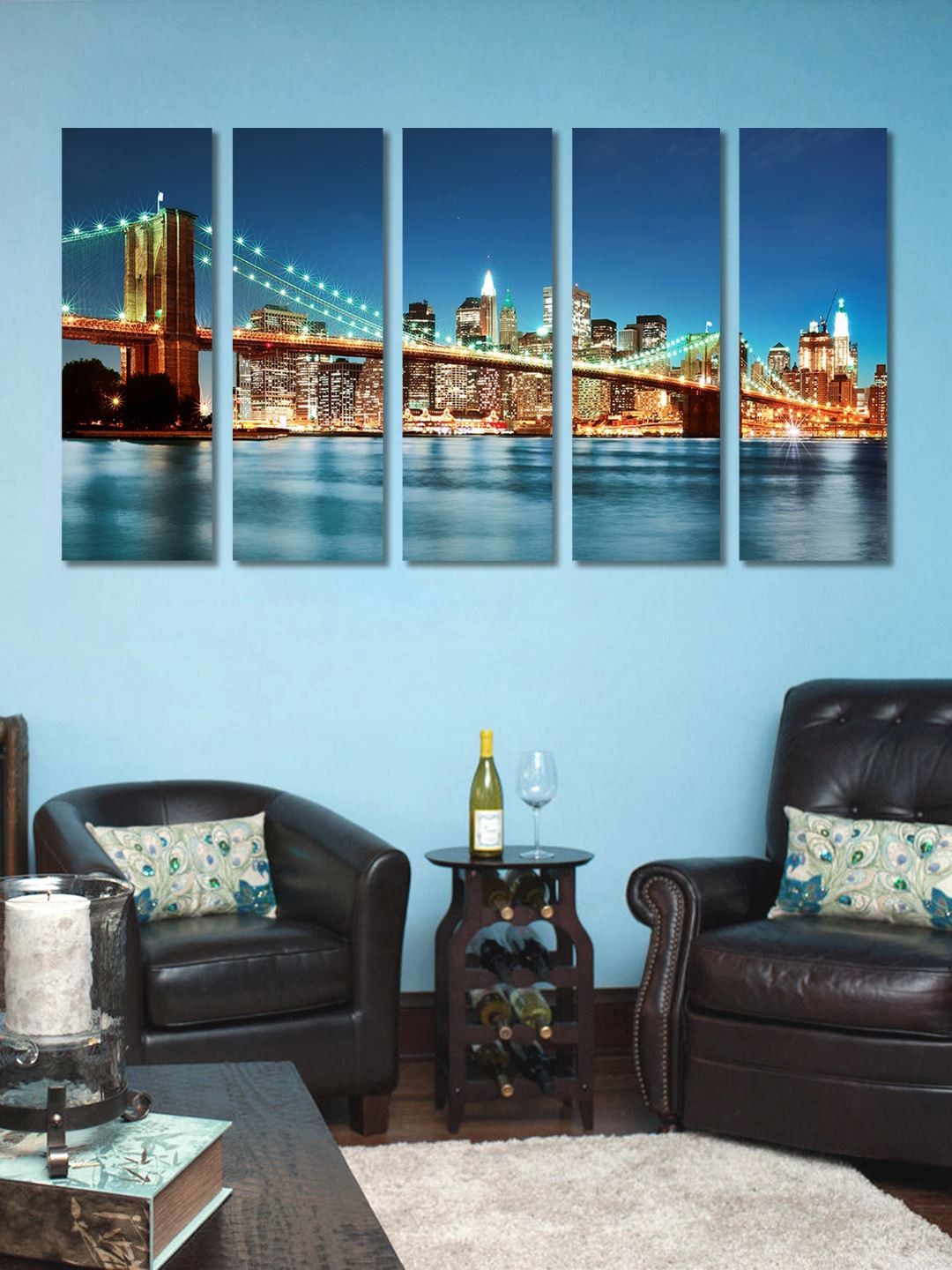 

999Store Multicoloured Set of 5 City River Side Road Wall Art, Multi