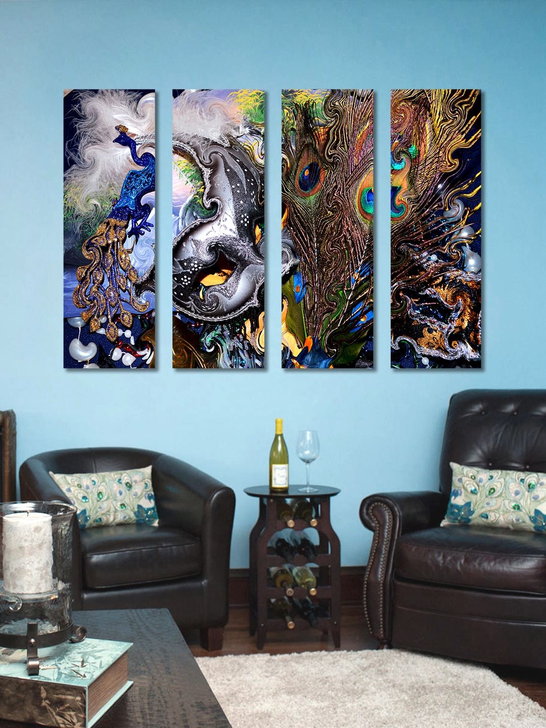 

999Store Multicoloured 4 Panel Peacock Wall Art, Multi