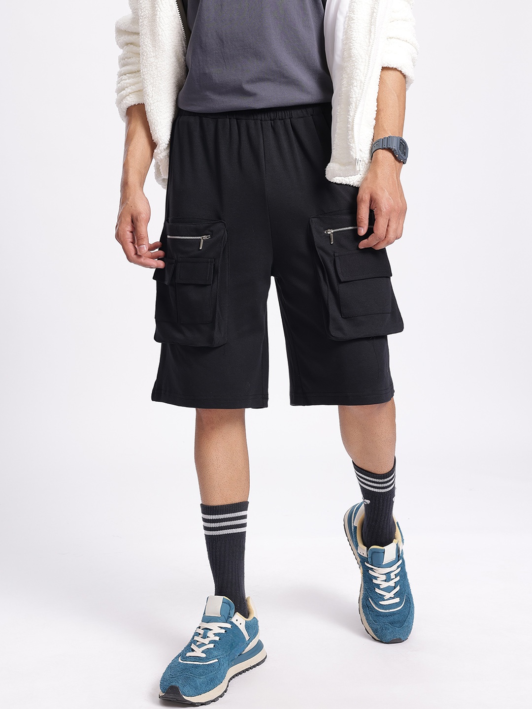 

Kook N Keech Men Techwear Knit Utility Cargo Shorts, Black