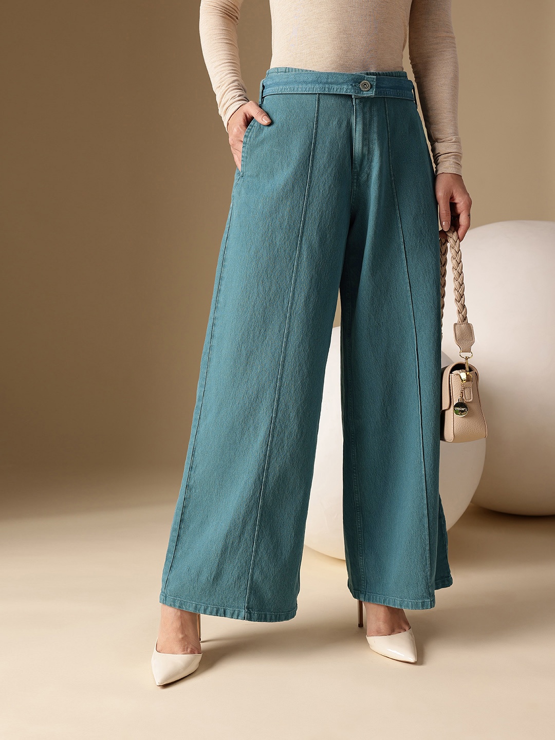 

Chemistry Women Super Wide Leg High-Rise Stretchable Jeans Comes With A Belt, Teal