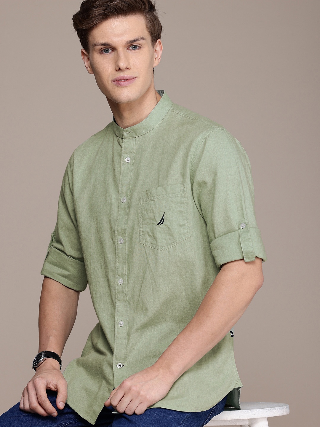 

Nautica Men Smart Slim Fit Cotton Linen Casual Shirt, Green