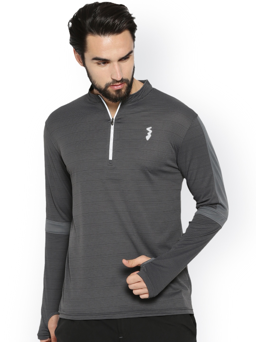 

Campus Sutra Men Charcoal Striped Mandarin Collar Sports T-shirt