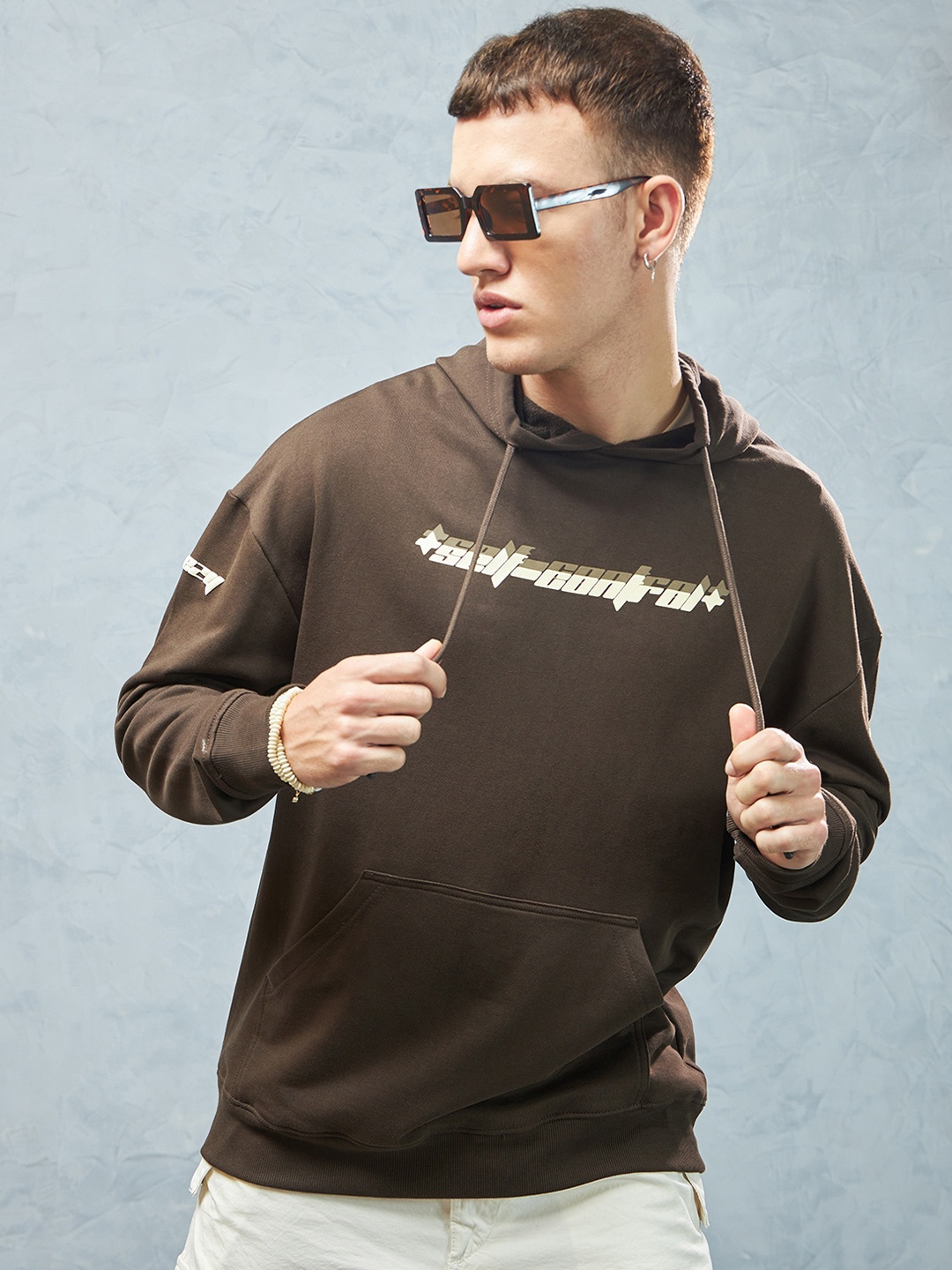 

Weezy Men Cotton Round Neck Graphic Printed Oversized Hooded Sweatshirt, Brown