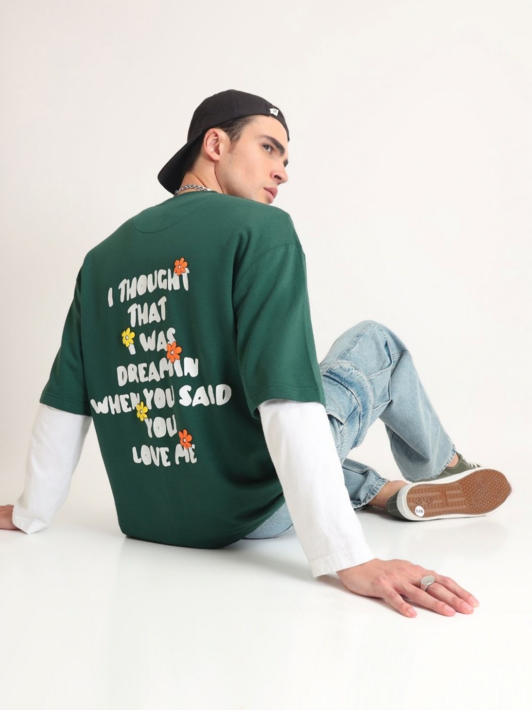

Weezy Men Cotton Round Neck Half Sleeve Graphic Puff Printed Oversized T-shirt, Green