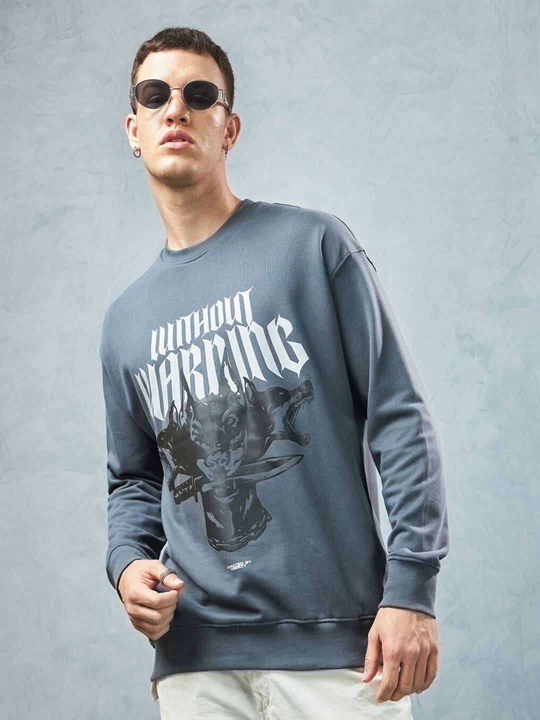 

Weezy Men Cotton Round Neck Graphic Printed Oversized Sweatshirt, Grey