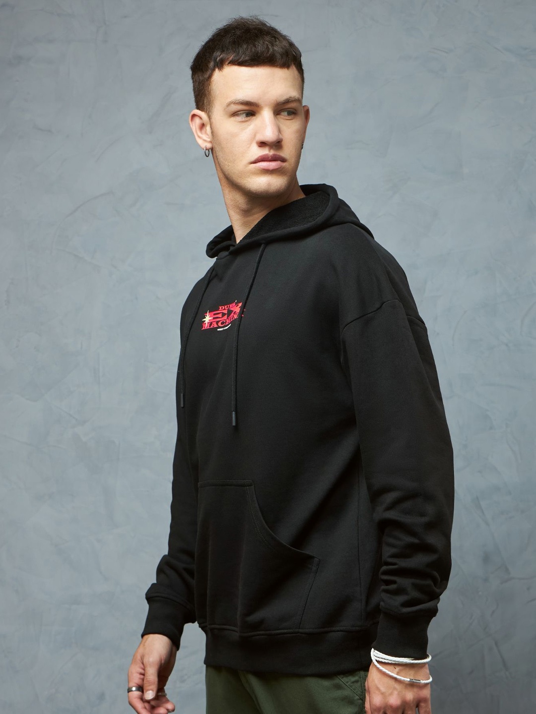 

Weezy Men Cotton Round Neck Graphic Printed Oversized Hooded Sweatshirt, Black