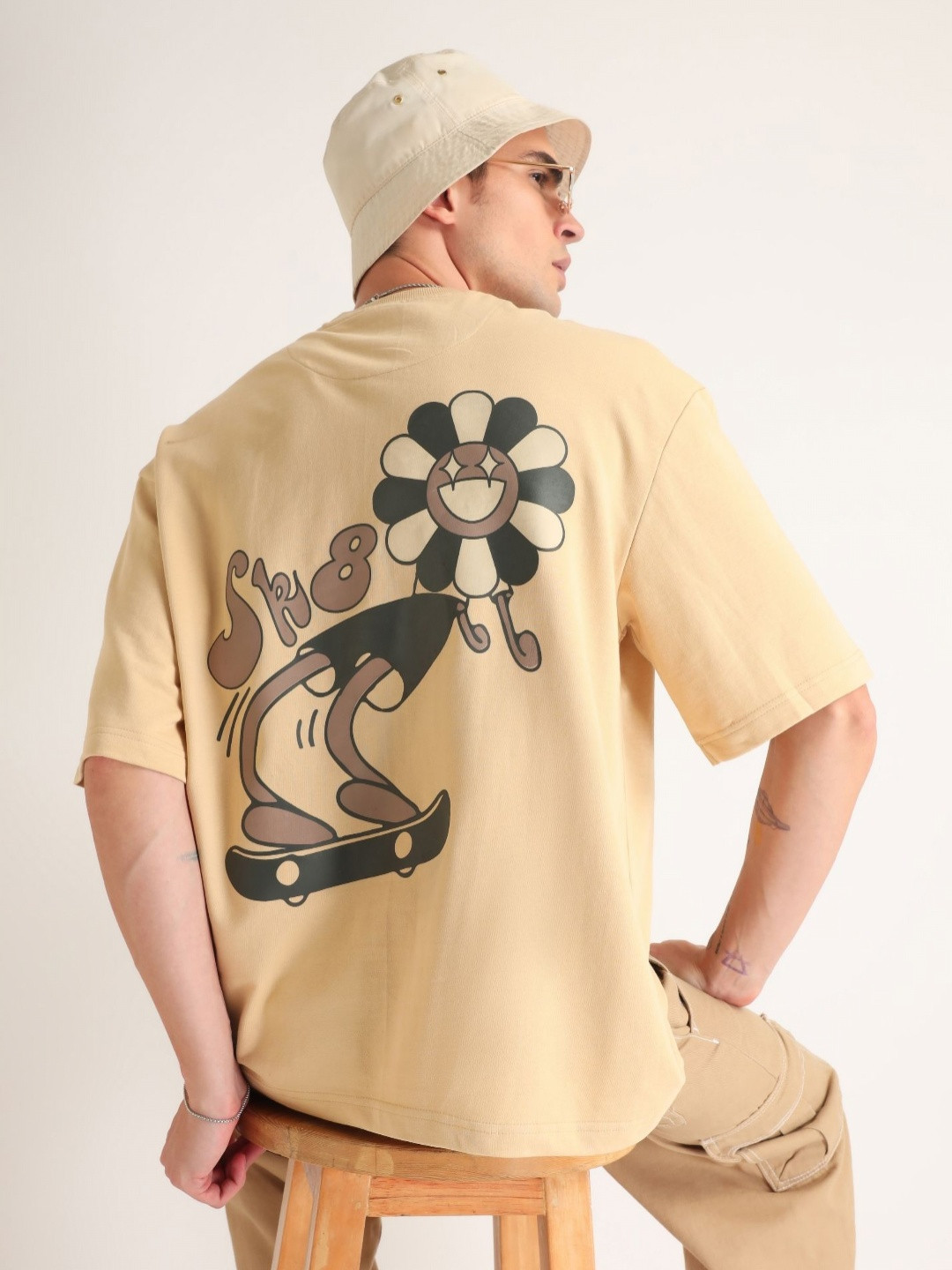 

Weezy Men Cotton Round Neck Half Sleeve Graphic Printed Oversized T-shirt, Beige
