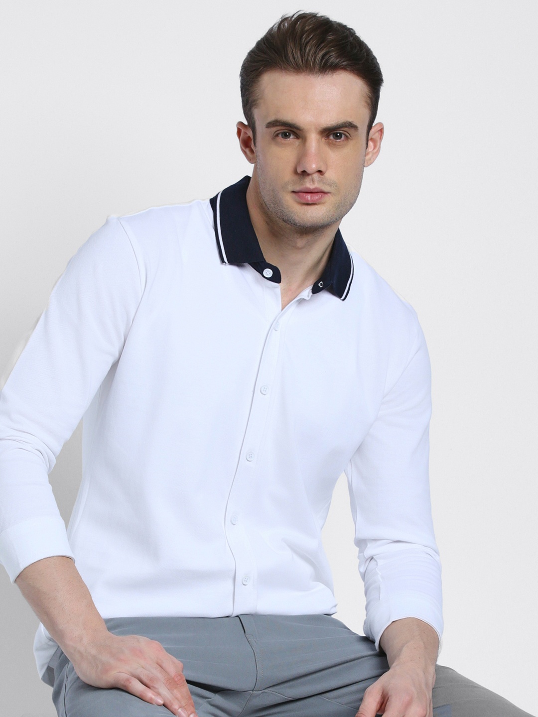 

Dennis Lingo Men Spread Collar Solid Cotton Slim Fit Casual Shirt, White