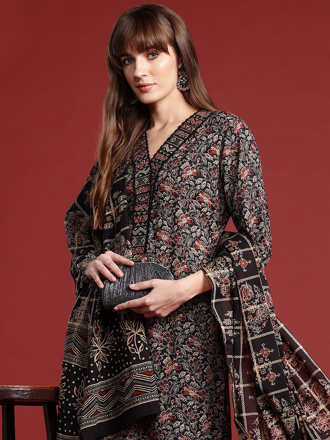 

Indo Era Floral Printed Pure Cotton Kurta With Trousers & Dupatta, Black