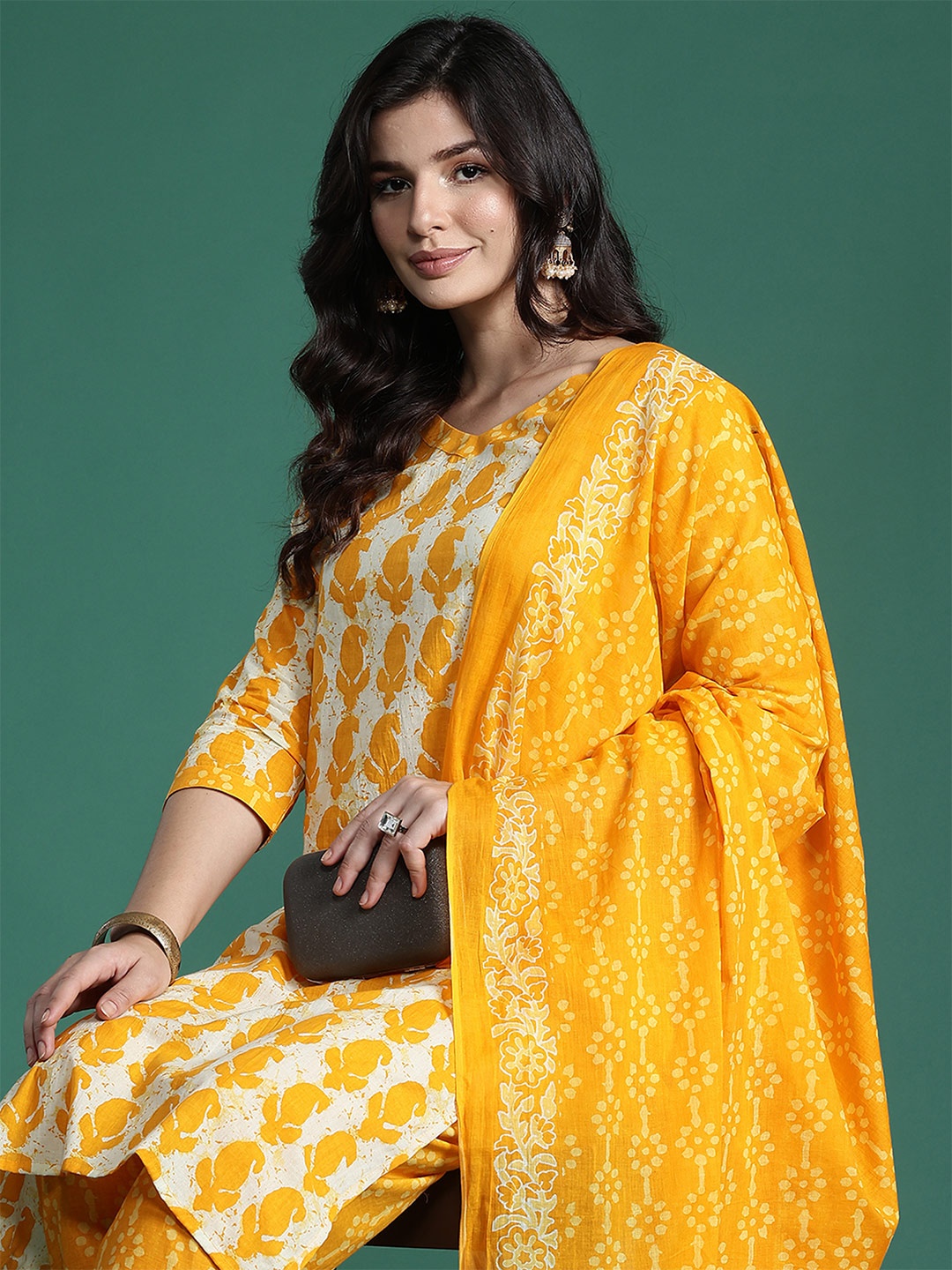 

Indo Era Paisley Printed Pure Cotton Kurta with Trousers & With Dupatta, Mustard