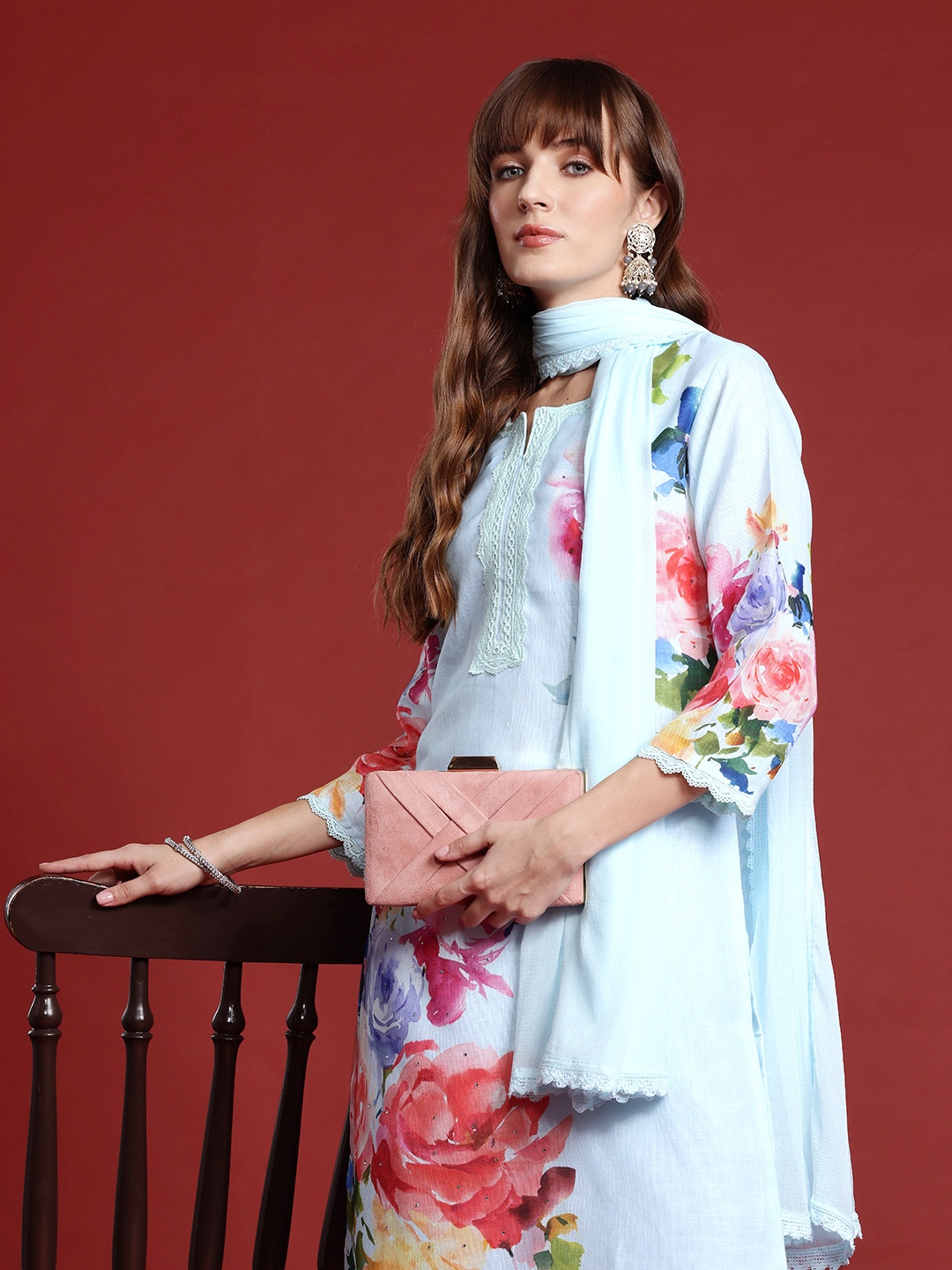 

Indo Era Floral Printed Mirror Work Linen Kurta With Trousers & Dupatta, Turquoise blue