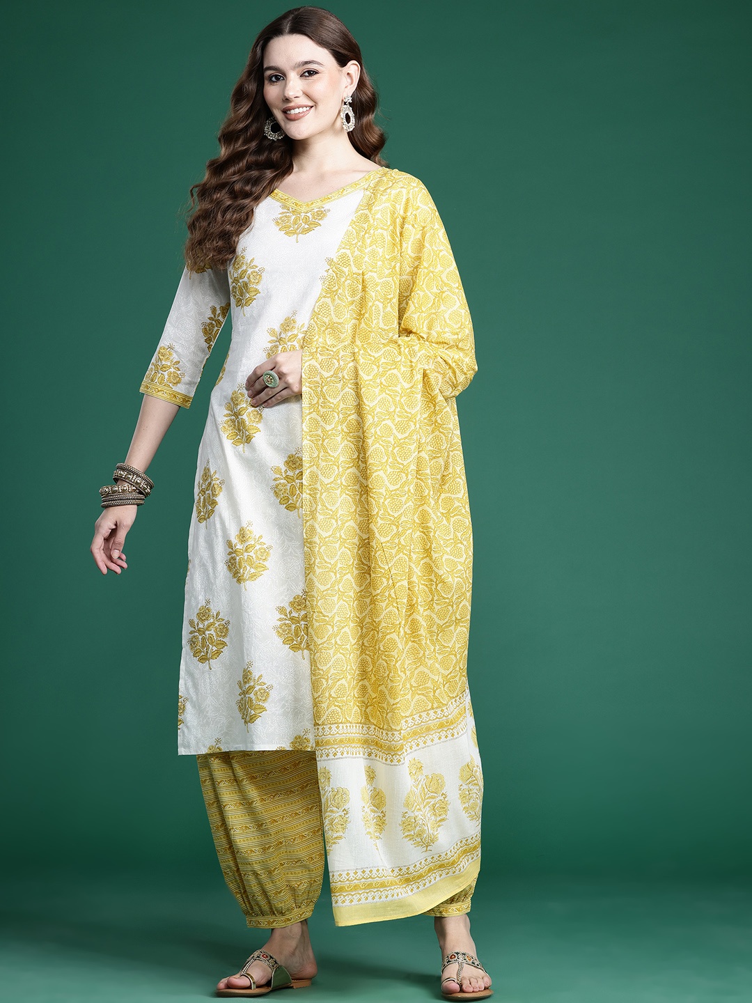 

Indo Era Ethnic Motifs Printed Pure Cotton Kurta with Salwar & With Dupatta, White