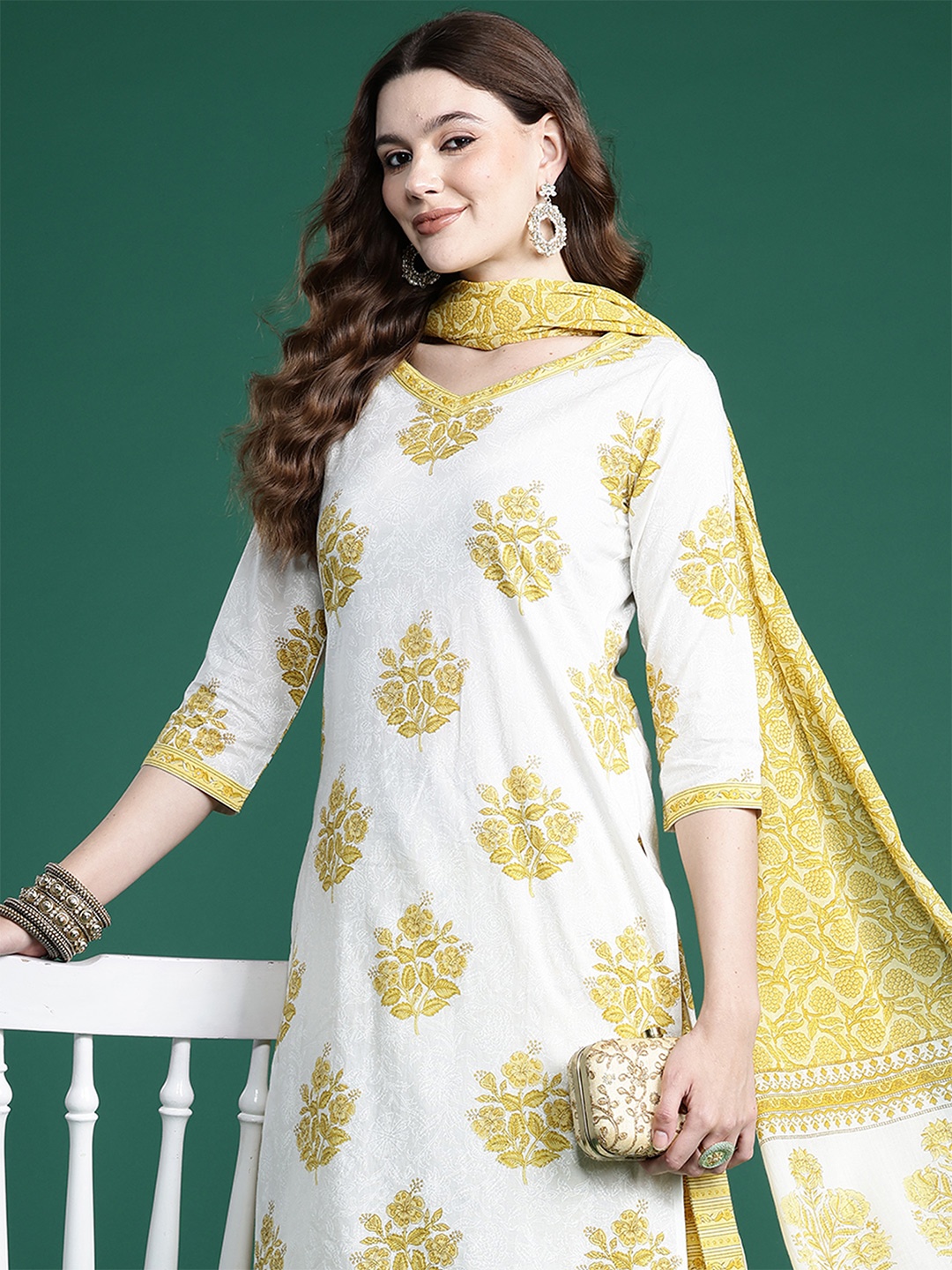 

Indo Era Ethnic Motifs Printed Pure Cotton Kurta with Salwar & With Dupatta, White